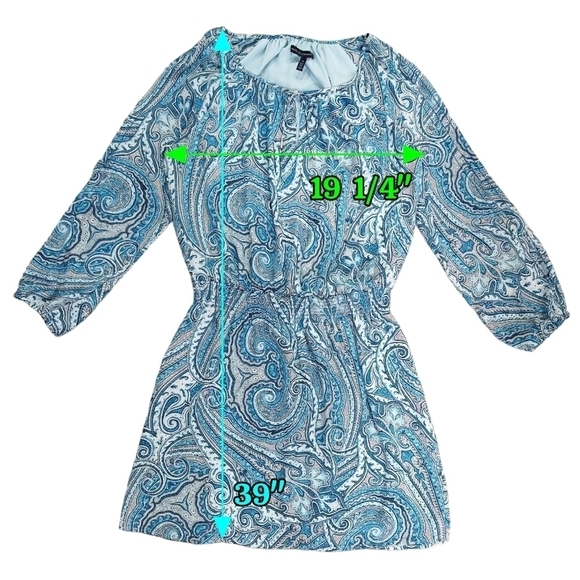 White House Black Market Blue Paisley Split Sleeve Tie Neck Shirred Waist Dress - Picture 2 of 9